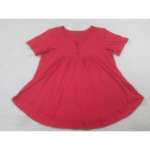Womens Red 1X Short Sleeve Babydoll Tunic Top w/Button Detail Stretchy Casual